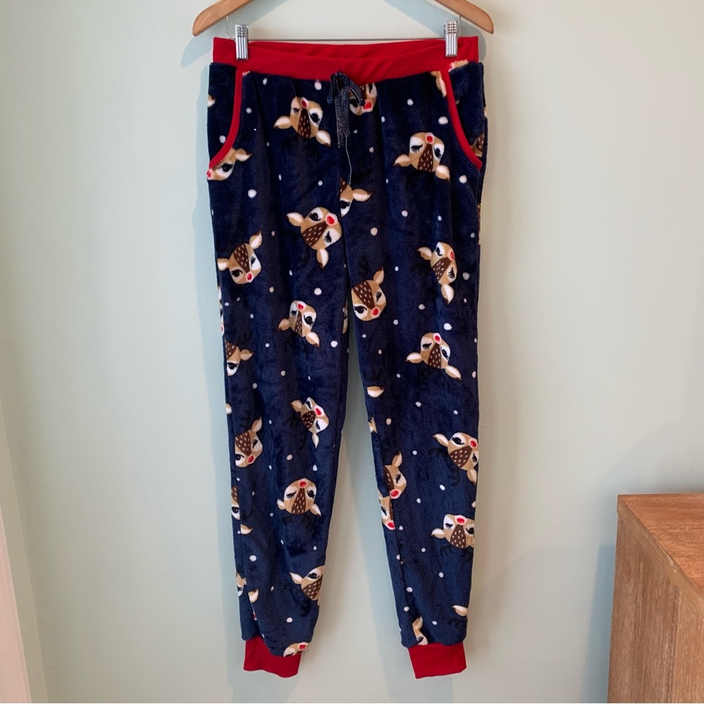 🏷️ Sleep Riot Velour Reindeer Super Soft Pajama PJ pants PJs Large L Pockets